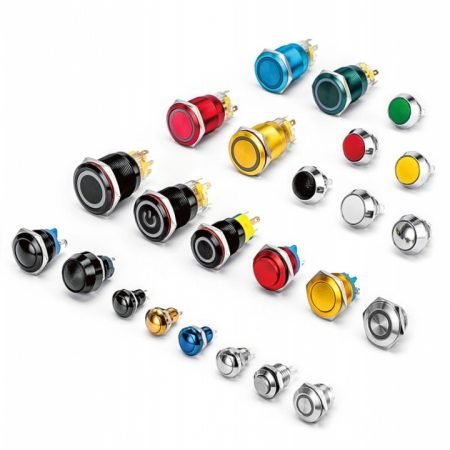 Assorted types of push button switches, momentary and latching electronic switches for industrial control