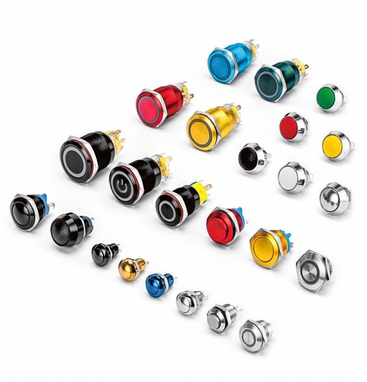 Assorted types of push button switches, momentary and latching electronic switches for industrial control
